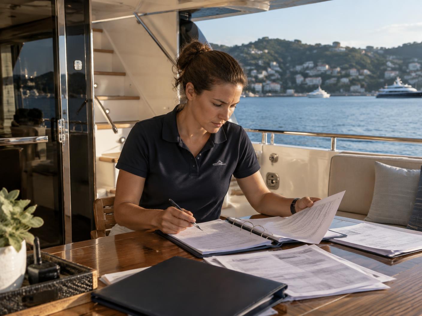 A yacht first mate reviewing operational paperwork at a teak table aboard a motor yacht