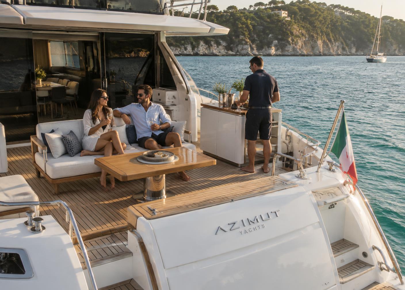 A couple relaxing on the teak aft deck of a large motor yacht with a crew member nearby in turquoise Mediterranean water