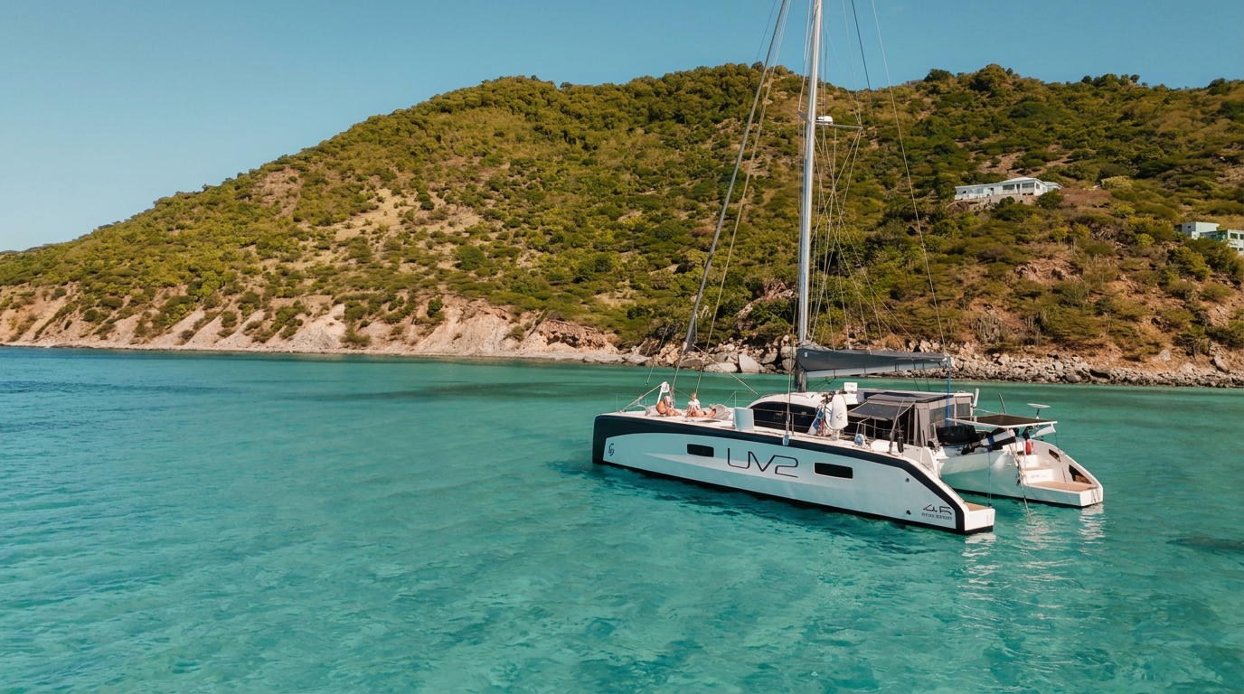 A 45-foot performance sailing catamaran anchored in turquoise water beneath a green Caribbean hillside