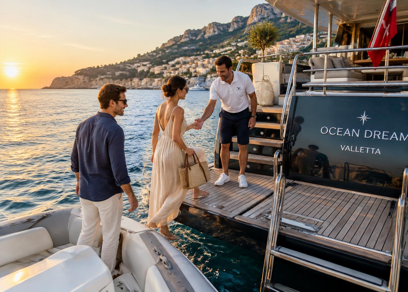 A couple being welcomed aboard a large motor yacht from its tender at sunset off a Mediterranean coastline