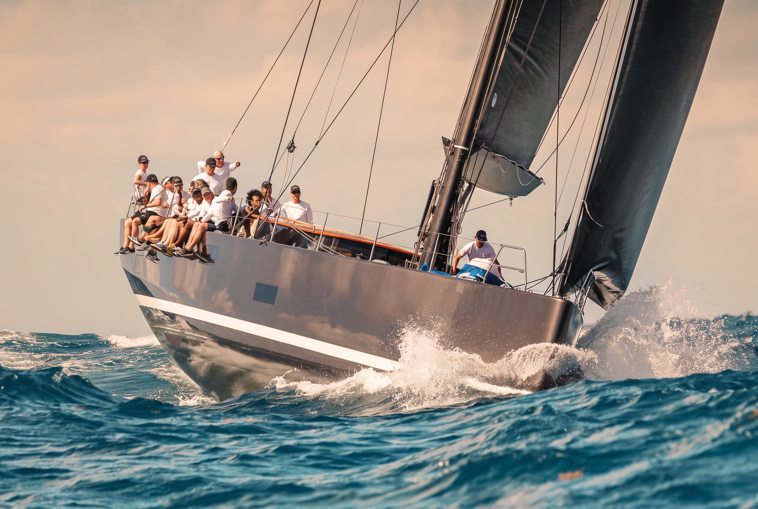 A racing crew hiking out on the rail of a performance sailing yacht in warm afternoon light