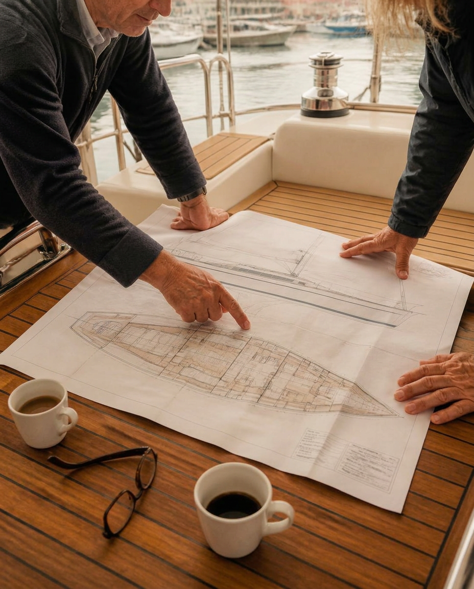 Hands reviewing yacht general arrangement plans spread across a teak table on deck