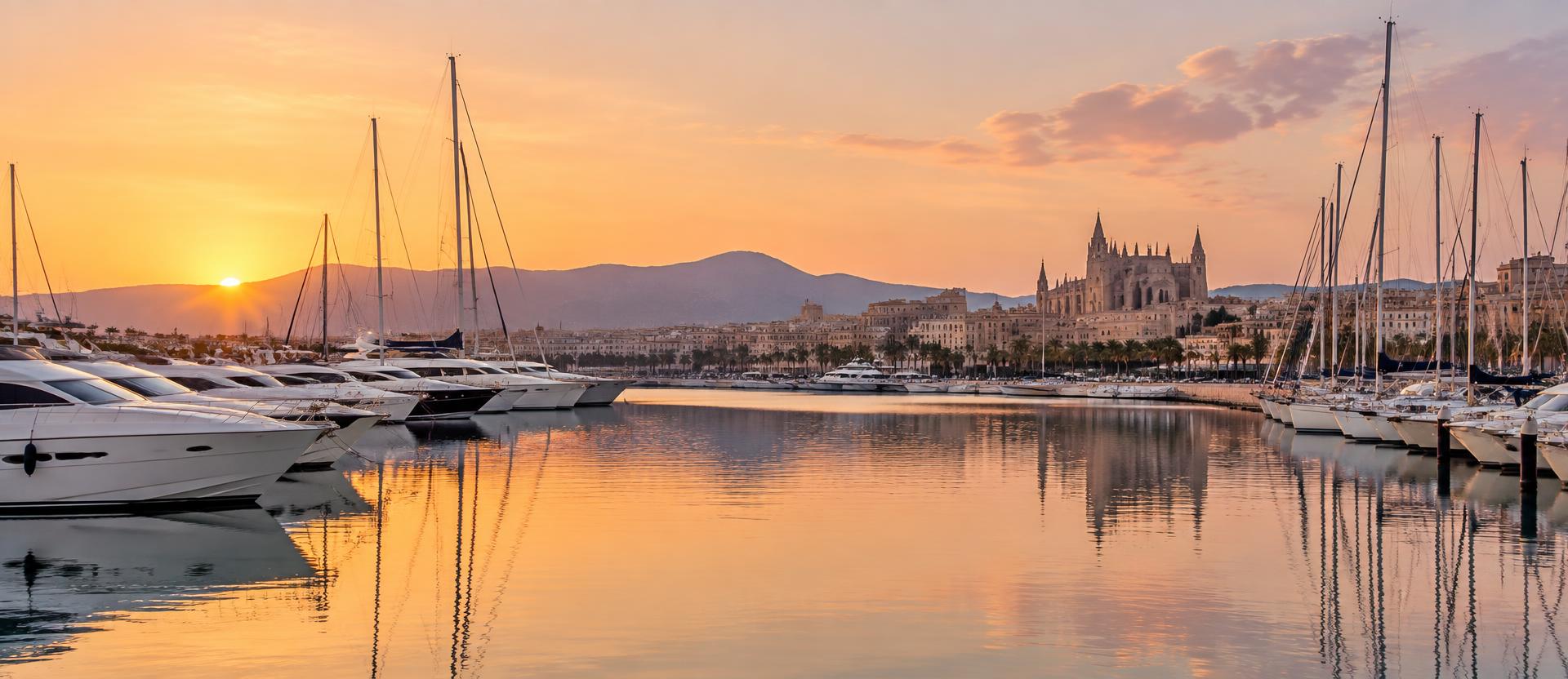 A quiet Mediterranean marina at sunrise with yachts reflected in calm water